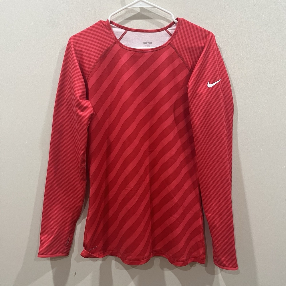 Women's Nike Pro Dri-Fit Athletic Running Top Red Striped Long Sleeve Large NWOT
